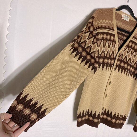 Vintage White Ram Tan Brown Fair Isle Virgin Wool Knit Button Up Cardigan M - Picture 12 of 16